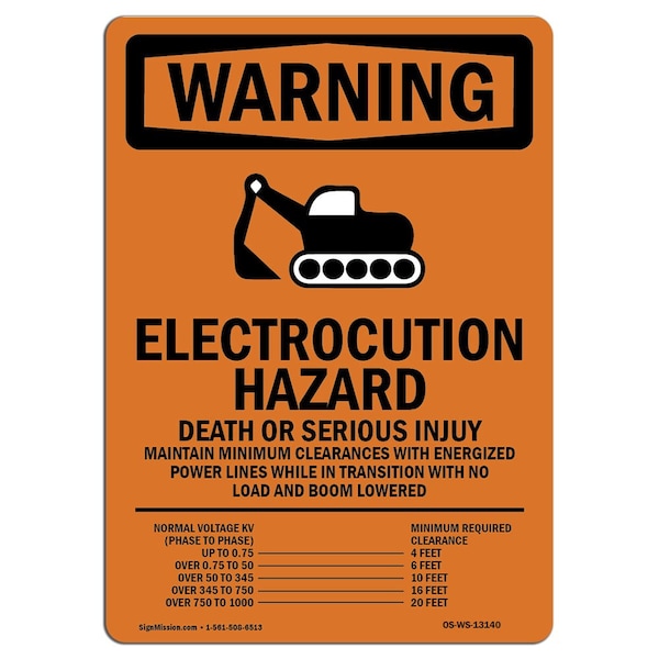 Safety Sign, OSHA WARNING, 24" Height, Electrocution Hazard, Portrait, WS-D-1824-V-13140